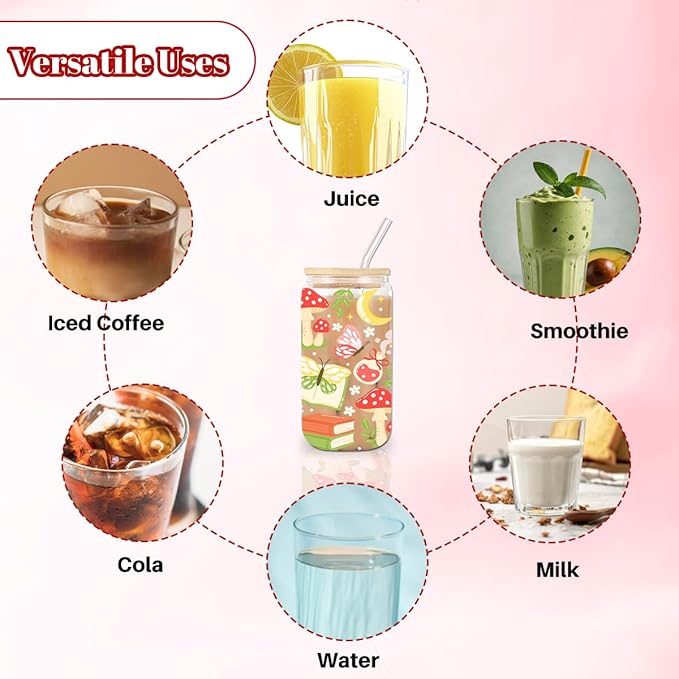 Whimsical Bookish Forest Iced Coffee Cup, Fantasy Cottagecore Glass Tumbler, 16 oz Cozy Reading Coffee Glass Cup with Lid Straw, Christmas Stocking Stuffers, Enchanted Book Lover Gift