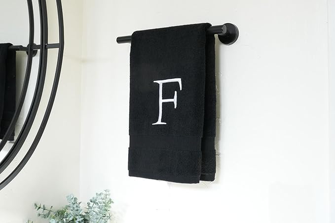 Black Monogrammed Hand Towel for Bathroom - Initial Hotel Quality Decorative Embroidered Luxury Towel for Powder Room, Spa - GOTS Organic Certified - Pack of 2, Letter F