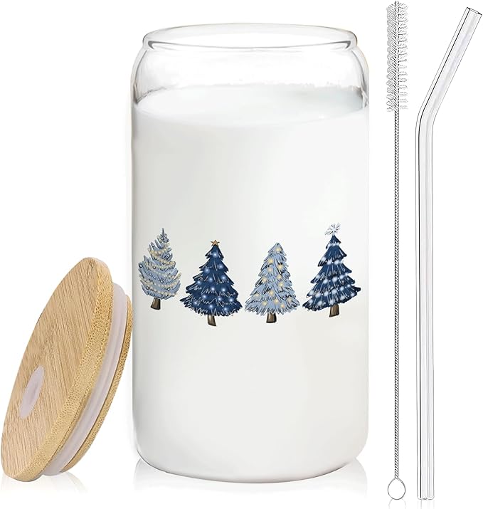 Blue Christmas Tree gifts Glass Coffee Cup With Lid And Straws 14oz - Merry Christmas Drinking Jar Gift For Women Kids Men,Glass Cup For Blue Xmas Decor