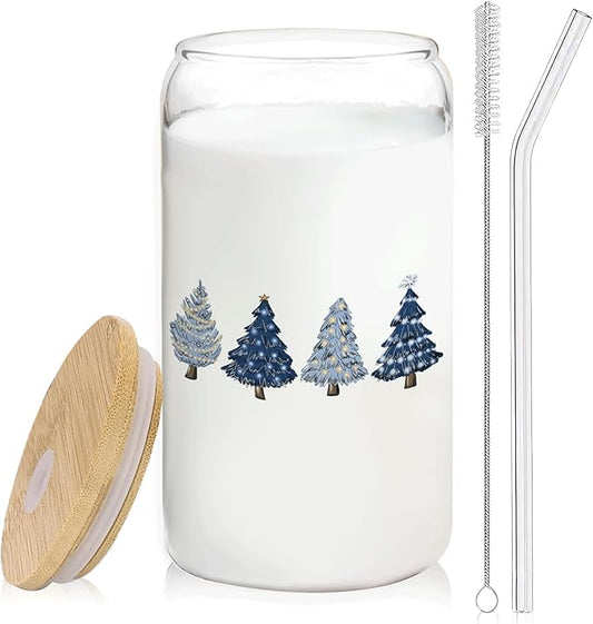 Blue Christmas Tree gifts Glass Coffee Cup With Lid And Straws 14oz - Merry Christmas Drinking Jar Gift For Women Kids Men,Glass Cup For Blue Xmas Decor