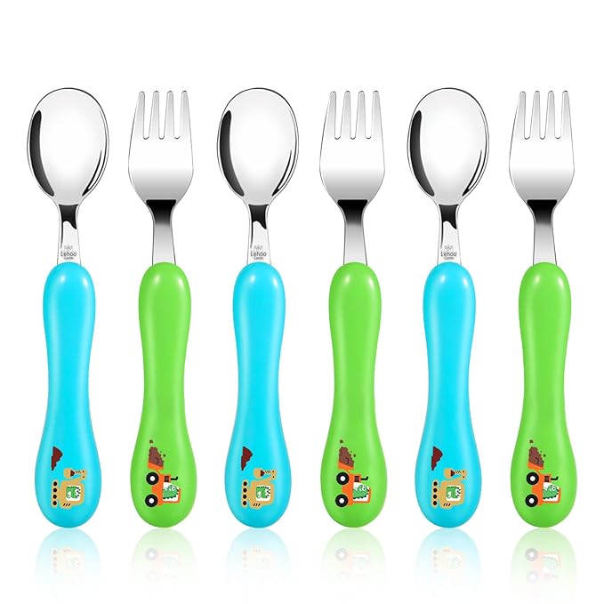 Lehoo Castle 6 Pieces Toddler Utensils, Kids Silverware for 2 3 4 Years Old, Stainless Steel Fork and Spoon Set with Plastic Handle, Safe Toddler Cutlery (Dinosaur)