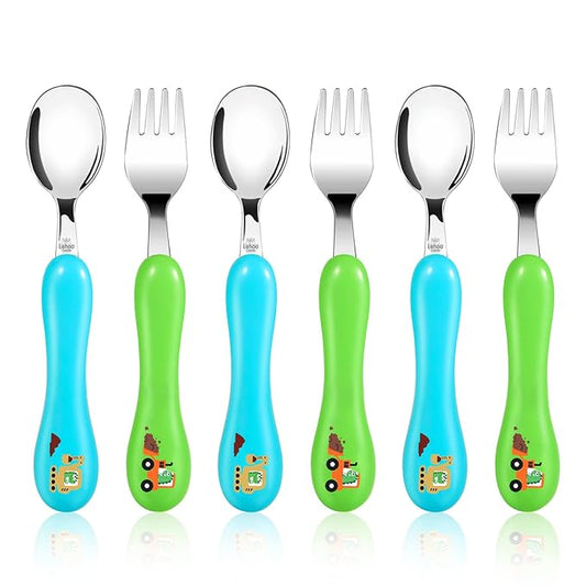 Lehoo Castle 6 Pieces Toddler Utensils, Kids Silverware for 2 3 4 Years Old, Stainless Steel Fork and Spoon Set with Plastic Handle, Safe Toddler Cutlery (Dinosaur)