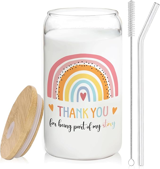 Boho Rainbow Teacher Glass Cup with Lids and Straws 14oz, Teacher Appreciation Gifts, Best Teachers Gifts for Women Glass Iced Coffee Tumbler Drinking Jars with Cleaning Brush