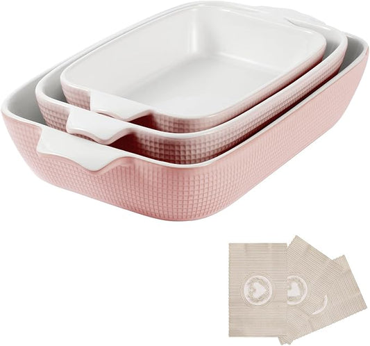 Bakeware Casserole Oven Dishes Baking - 3pcs Ceramic Rectangular Oven Serving Sets,（10.3/12.4/14.7）Stoneware Cookware Pan, Porcelain White Thanksgiving Ware for Cooking Lasagna (Pink)