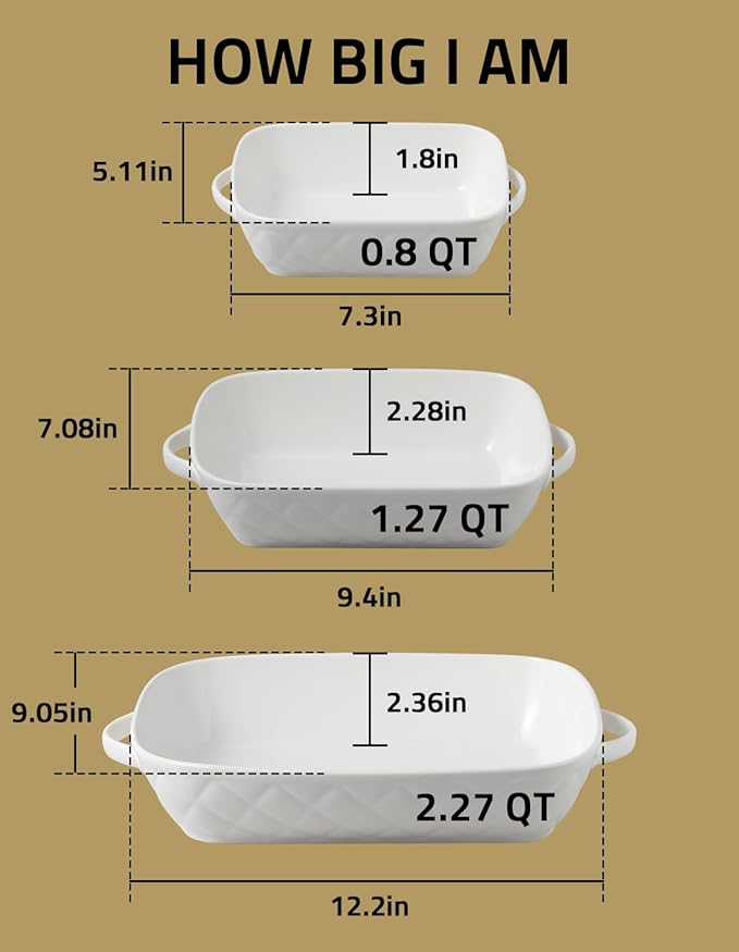 Sweejar Casserole Dishes for Oven, Baking Dish Set of 3,Ceramic Bakeware Set, Rectangular Baking Pan for Cooking,Kitchen,Banquet,12.2x9.2x2.5 Inches (White)