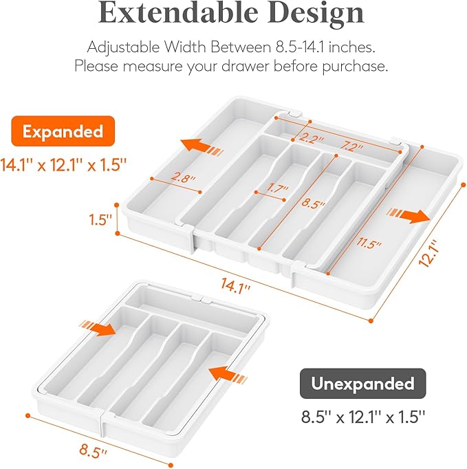 Lifewit Silverware Drawer Organizer, Expandable Utensil Tray for Kitchen, BPA Free Flatware and Cutlery Holder, Adjustable Plastic Storage for Spoons Forks Knives, 8.5"-14.1" x 12.1", White