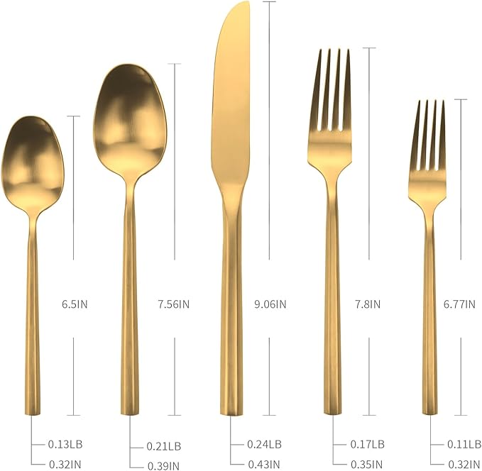 30-Piece Matte Gold Silverware Set, Hand Forged Utensil, Stainless Steel Flatware Set, Hexagon Handle Cutlery Set for Home Hotel Use, Service for 6