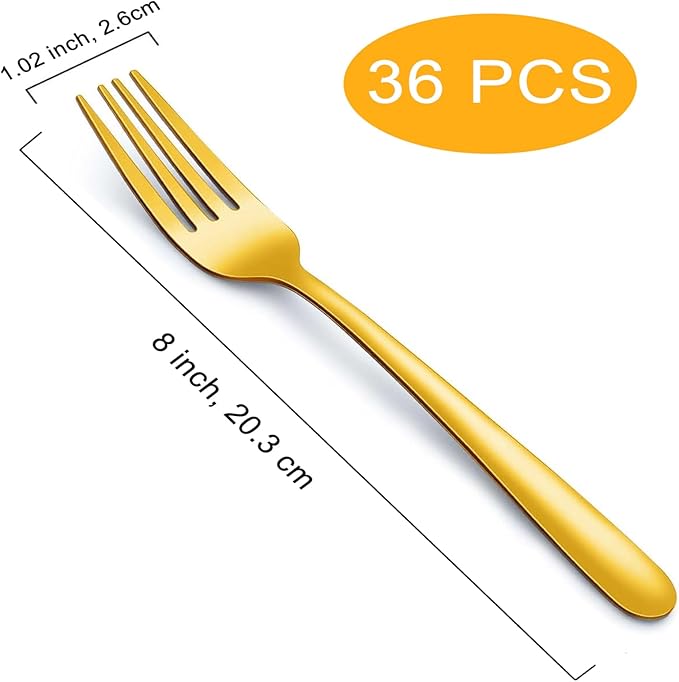 Gold Forks - 36-Piece Dinner Forks Set, 8 Inches Stainless Steel Silverware, Use for Home, Kitchen and Restaurant - Mirror Polished, Dishwasher Safe