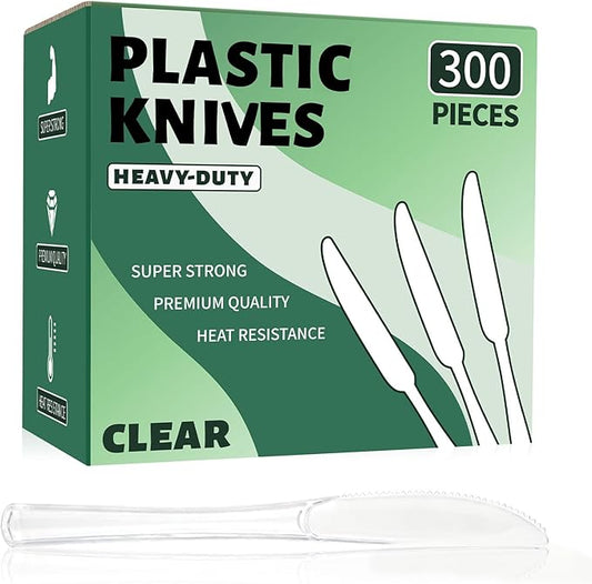 300 Count Clear Plastic Knives Disposable, Heavyweight Cutlery Sets Solid and Durable Plastic Silverware Utensils for Parties, Events and Everyday Use (Knives)