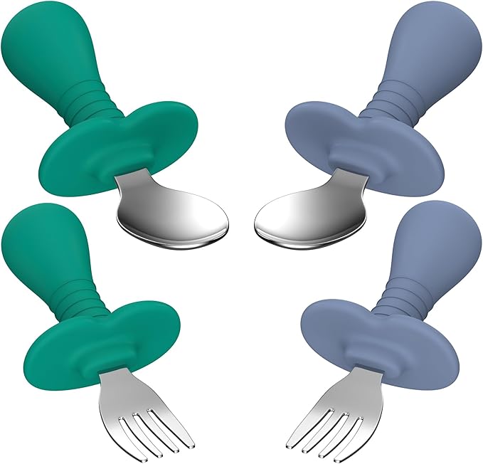 Toddler Spoons and Forks Set, 4Pcs Kids Silverware Set with Silicone Handle, 18/8 Stainless Steel Children Safe Forks and Spoons, Toddler Utensils BPA Free, Anti-Choke Design (Dark Blue, Green)