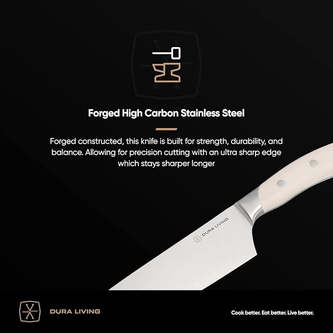 DURA LIVING 8-Inch Chef Knife – Ultra-Sharp German High Carbon Stainless Steel, Full Tang, Ergonomic Handle, Multipurpose Kitchen Knife for Chopping, Slicing, and Dicing, Cream