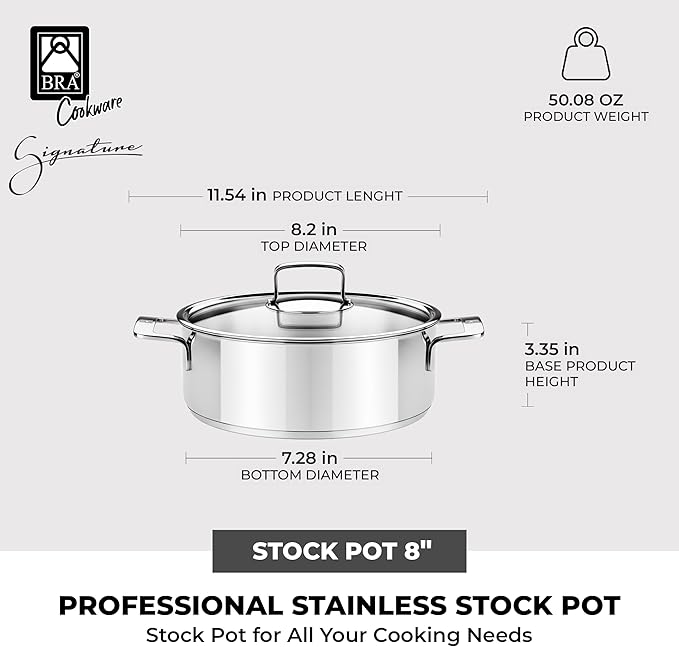 BRA COOKWARE Signature Stainless Steel Stock Pot w/Glass Lid | 8 Inch 2.4 Quart Professional Grade Cooking Pot | PFOA Free Deep Pot | All Cooktops | All Cooktops (incl. Induction) & Oven Safe