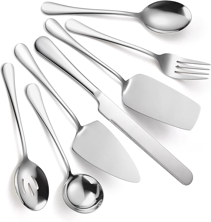 Serving Utensils 7 Pieces Stainless Steel Flatware include Cake Knife Server Large Spoon Spatula Big Fork Pefect For Festival Parties Buffet Catering Silverware