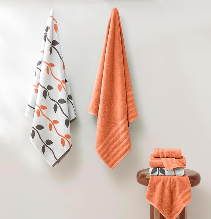 Modern Threads Organic Vines 6-Piece 100% Cotton Towel Set – Yarn Dyed Jacquard & Solid – Includes 2 Bath Towels, 2 Hand Towels, 2 Washcloths – Absorbent, Quick Dry, Soft & Durable – Orange