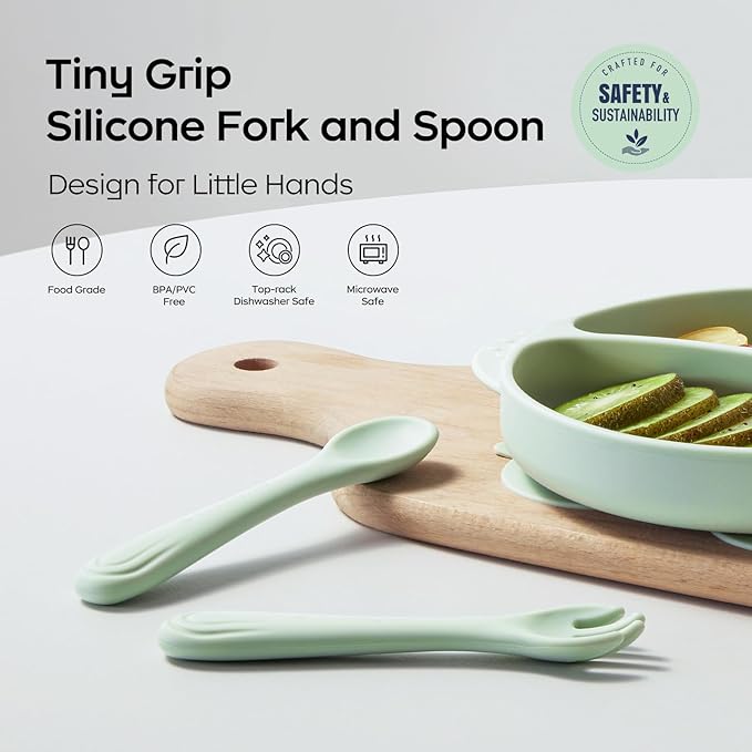 Bc Babycare Portable 4 Pack Baby & Toddler Self Feeding Fork and Spoon Set with Storage Case, BPA-Free Silicone Utensils for Boys and Girls, Safe & Easy to Carry, Blue & Green