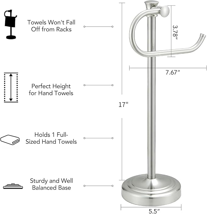 BESy 17 Inch Brushed Nickel Stand Towel Bar Hanger Hand Towel Bar Bathroom Vanity Countertop Towel Holder Free Standing Stainless Steel Towel Ring Hardware Accessories Towel Rack