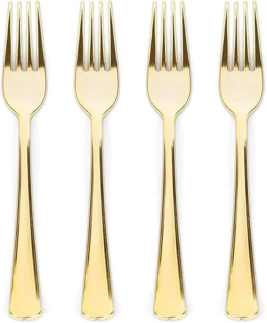 Prestee 100 Count Plastic Forks - 7" Heavy Duty Gold Plastic Silverware Utensils - Elegant, Disposable Gold Forks for Weddings, Parties, and Holidays - Fancy Flatware Set for Events and Catering
