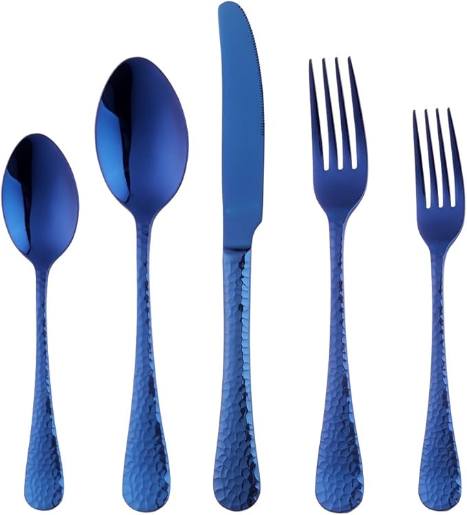 5-Piece Blue Silverware Flatware Set Service for 1 Stainless Steel Cutlery Set Include Dinner Knife Table Fork Table Spoon Salad Fork Tea Spoon for Wedding, Dishwasher Safe