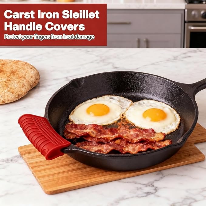 3 Pack Silicone Cast Iron Skillet Handle Cover - Heat Resistant Pot Handle Sleeve Grip for Frying Pans, Griddles, Dutch Ovens & Baking Sheets (Red)