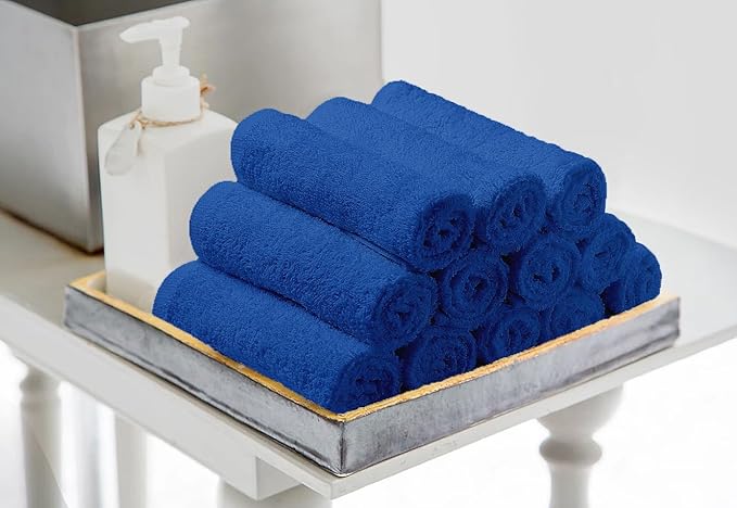 Avalon Towels Cotton Washcloths – (Pack of 24) Size 12x12 Inches, 100% Ring Spun Cotton, Soft & Absorbent Face Towels, Gym Towels, Hotel and Spa Quality, Reusable Fingertip Towels (Blue)