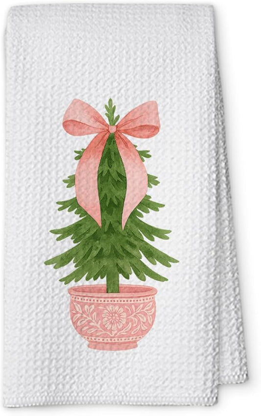1PCS Pink Xmas Chinoiserie Christmas Kitchen Hand Towels,Blue and White Porcelain Decorative Dish Tea Towel,Bow Chinoiserie Decor for Bathroom, for Women,16x24inch -A16