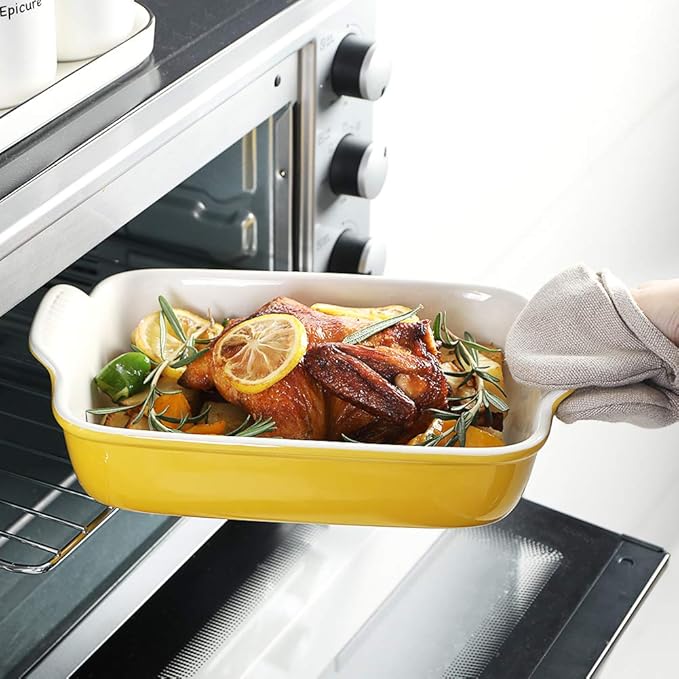 Sweejar Baking Pans Set, Ceramic 9x13 Baking Dish with Handle, Rectangular Casserole Dishes for Oven, Bakeware Sets of 3, Durable Lasagna Pan Deep for Kitchen, Banquet, Wedding Gift(Yellow)