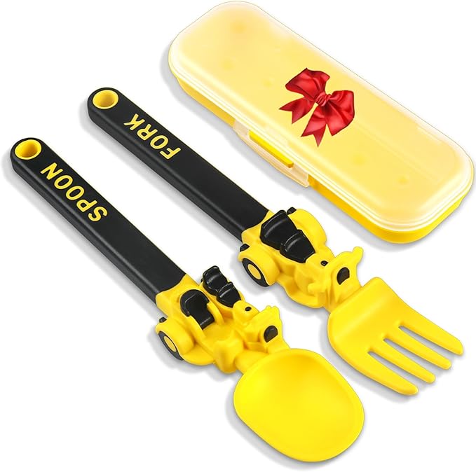 Construction Utensils for Toddlers - Motorcycle Toddler Forks - for Halloween Utensils Gift - Forks and Spoons Silverware Set - Christmas Gift for 1 2 3 4 5 year old - Yellow
