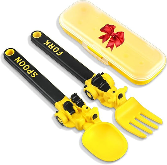 Construction Utensils for Toddlers - Motorcycle Toddler Forks - for Halloween Utensils Gift - Forks and Spoons Silverware Set - Christmas Gift for 1 2 3 4 5 year old - Yellow