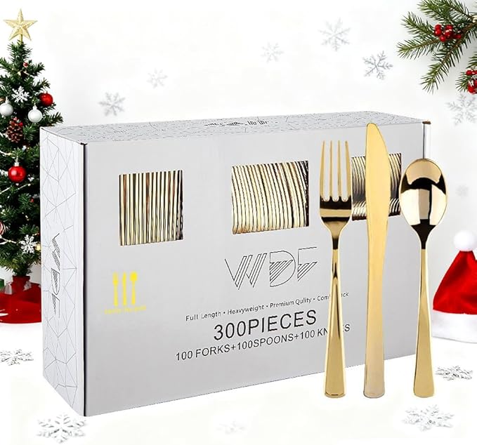 WDF300 Pieces Gold Plastic Silverware - Heavy Duty Disposable Cutlery Set Plastic Gold Silverware Set Includes 100 Forks, 100 Spoons, 100 Knives for Party/Christmas