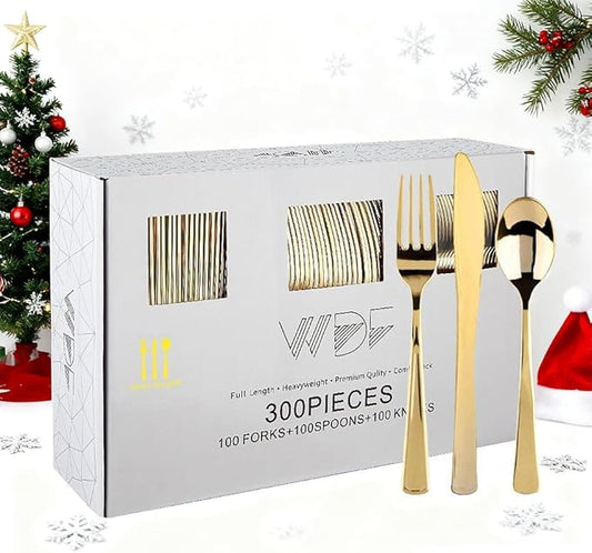 WDF300 Pieces Gold Plastic Silverware - Heavy Duty Disposable Cutlery Set Plastic Gold Silverware Set Includes 100 Forks, 100 Spoons, 100 Knives for Party/Christmas