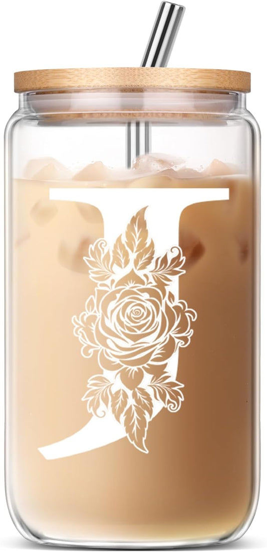 Gifts for Women, Personalized Monogrammed Gifts for Sister Mom Friend Wife, Birthday & Ideas 2024 - Iced Coffee Cute Glass Cups with Lids and Straws