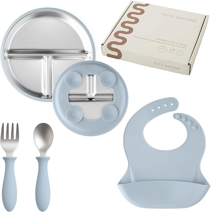 Stainless Steel Toddler Feeding Set 4 Pieces – Suction Plate, Silicone Bib, Spoon & Fork – Divided Plates for Baby Led Weaning, BPA-Free, Removable Shell (Baby Blue)