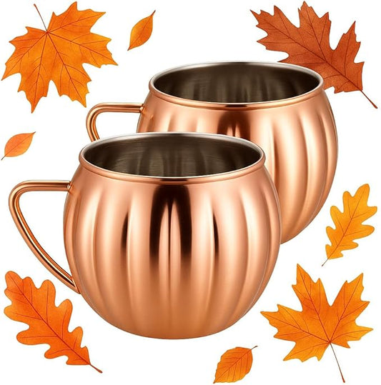 set of two stainless steel copper pumpkin fall moscow mule mug