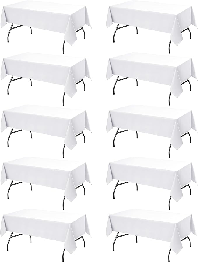 10-Pack White Tablecloths for Rectangle Tables, 54 x 108 Inches, Stain-Resistant Polyester Fabric for 6 Foot Tables - Washable Table Covers for Weddings, Banquets, Birthday Parties, Events
