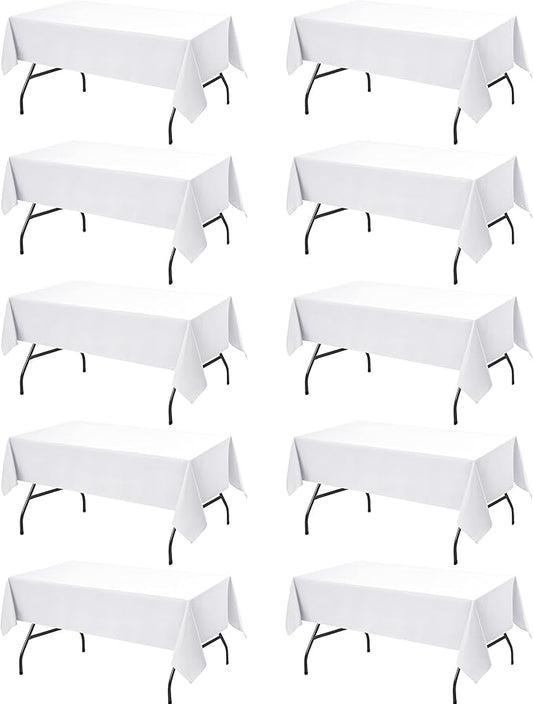 10-Pack White Tablecloths for Rectangle Tables, 60 x 84 Inches, Stain-Resistant Polyester Fabric for 4 Foot Tables - Washable Table Covers for Weddings, Banquets, Birthday Parties, Events