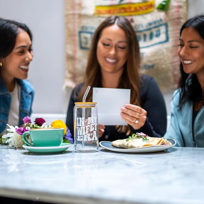 In My Wifey Era Cup 16oz Glass Coffee Cup with Bamboo Lid & Straw | Wifey Bride Cup, Cute Aesthetic Glass Tumbler for Women