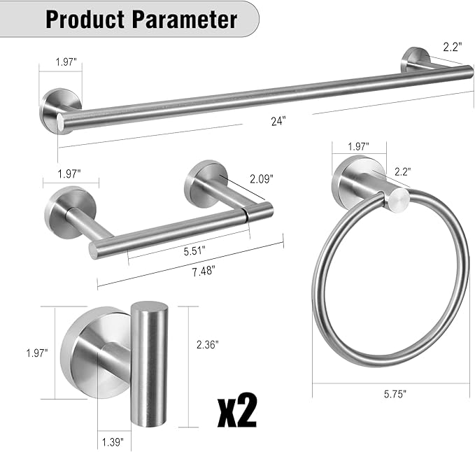 5-Piece Towel Racks for Bathroom, Stainless Steel Bathroom Accessories Set, Bathroom Towel Holder Wall Mounted, Sturdy Bath Towel Bar Set Bathroom Hardware Set (Brushed, 2 Pillar Paper Holder)