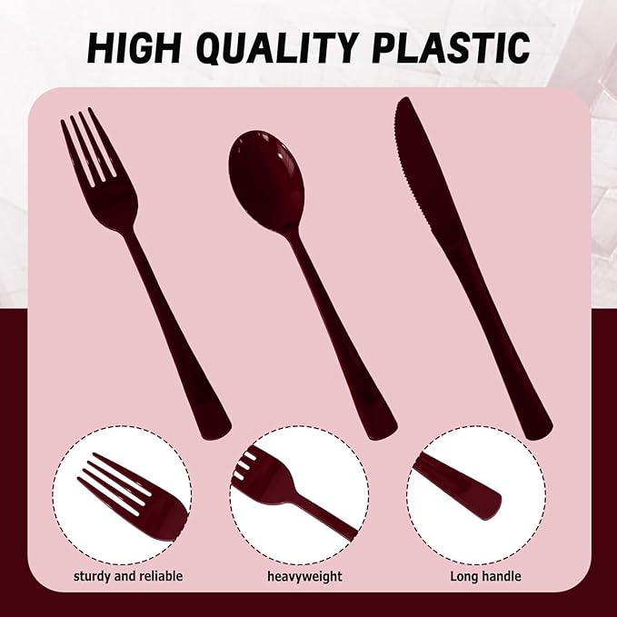 300 Pack Disposable Plastic Silverware, Heavy Duty Burgundy Plastic Cutlery Set Includes 100 Forks 100 Knives 100 Spoons for Birthday Wedding Party Picnics (300, Burgundy)