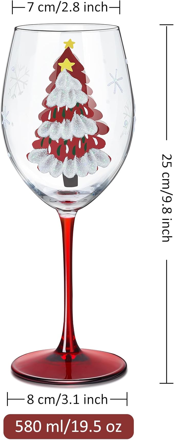Joeyan Christmas Crystal Red and White Wine Glasses,Hand Painted Glass Goblet Drinking Glasses,Red Xmas Tree and Snowflakes Patterned Glass Tumbler Cups with Stem,Gift for Men Women,19.5 oz,Set of 2