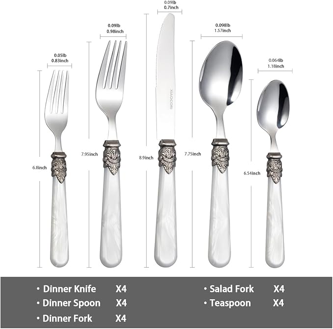 20 Pieces 18/10 Stainless Steel Elegant Silverware Set for 4,Vintage Flatware Set,Dishwasher Safe (20, White)
