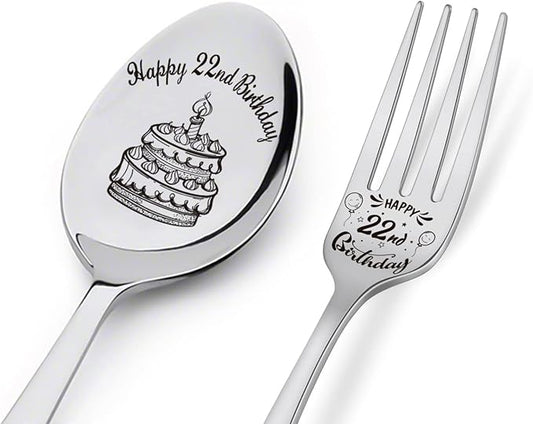 Happy 22nd Birthday Spoon&Fork Gifts Engraved Spoon&Fork Personalized Birthday Gifts for Son Daughter Sister Brother Friends