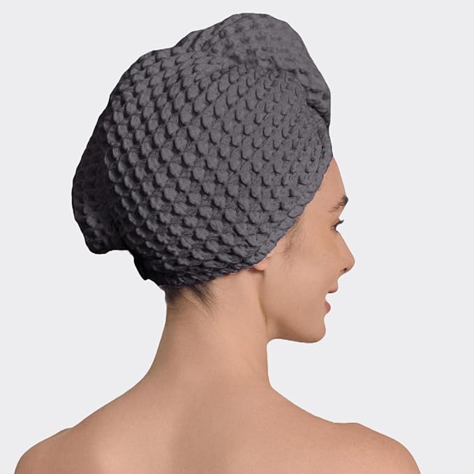 100% Organic Cotton Hair Drying Waffle Towel Wrap for Women | Absorbent & Quick Dry Head Turban for Wet Hair in Shower Sauna Spa, Extra Large for Long Straight Curly Plopping Button (Grey, 1 PACK)