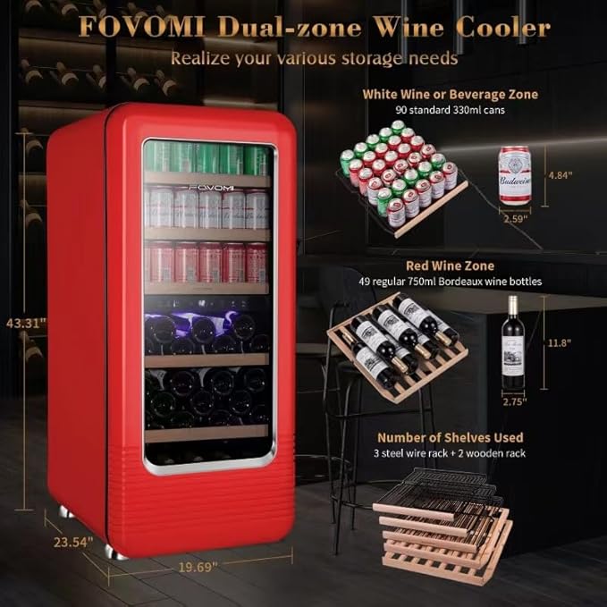 Wine Fridge,91-bottle Wine Cooler Refrigerators Dual Zone Large Wine Beverage Freestanding Cellar,Holds 91bottles (Red)