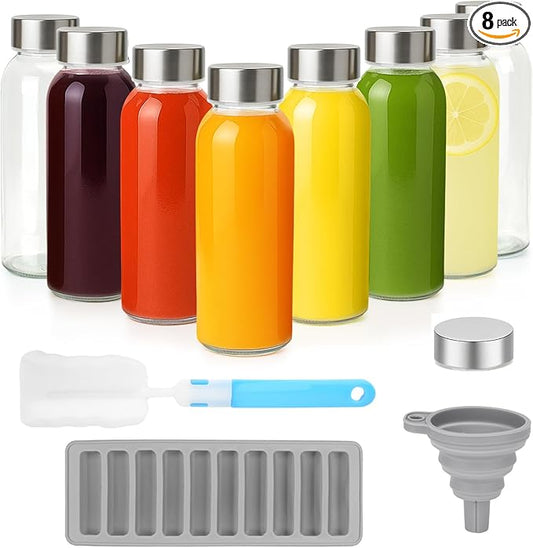 Zukro Glass Water Bottles with Lids 10.5 oz, 8 Pack Clear Reusable Glass Small Juice Bottles With Stainless Steel Cap for Juicing, Milk, Ginger Shot, BPA-Free Leak Proof 300ml Drinking Container Jar