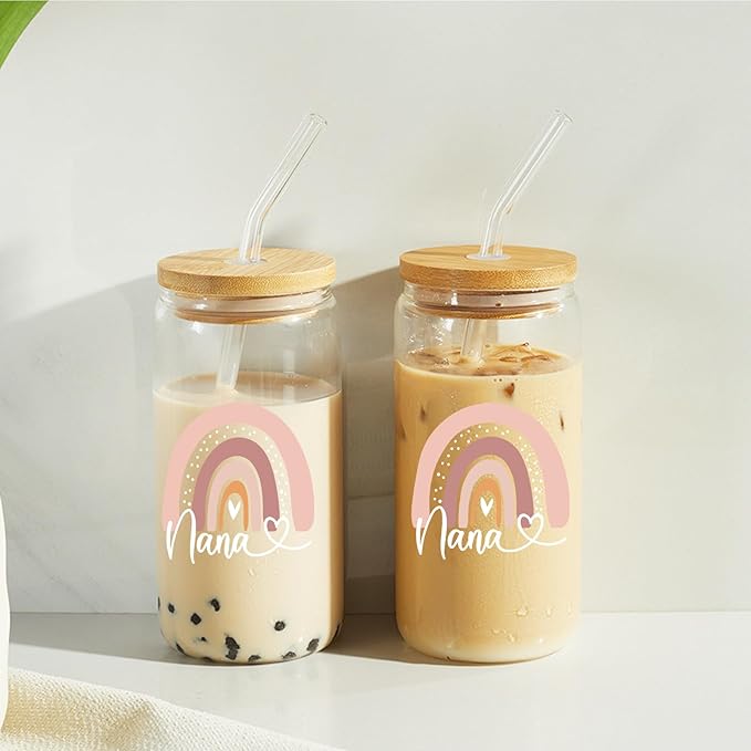 Nana Glass Cups with Lids and Straws, 16 Oz Glasses Set, Perfect for Mothers Day, Birthday, Christmas Gifts for Mom