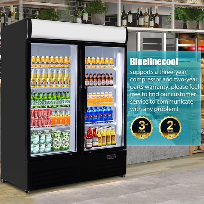 36 Cu Ft Commercial Beverage Refrigerator with 2 Glass Doors - Upright Drink Cooler Merchandiser with LED Light Display, 8 Adjustable Shelves, Black, ETL Approved for Business & Retail