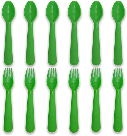 12 Pcs Kids Spoons and Forks Toddler Utensils Plastics Reusable Silverware Baby Cutlery Set Feeding Dinnerware Utensils BPA Free Microwave Dishwasher and Freezer Safe- Green