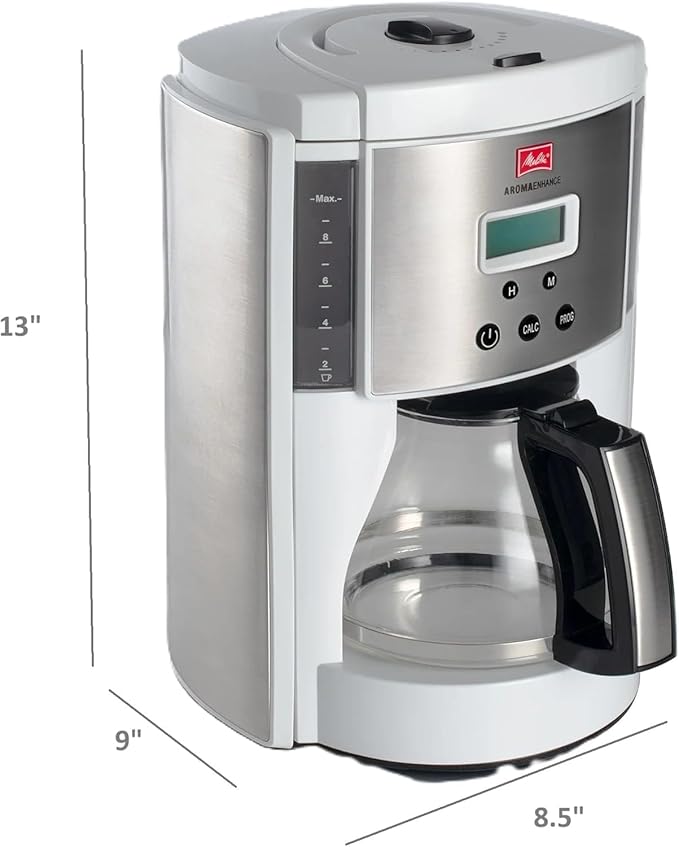 Melitta Aroma Enhance 10-Cup Drip Coffee Maker, Automatic and Programmable, 96oz Capacity with 5-Pack Coffee Filters | White