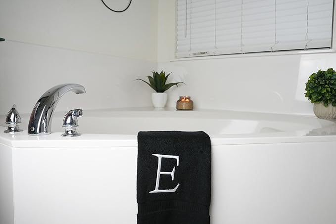 Black Monogram Hand Towel for Bathroom - Monogrammed Initial Hotel Quality Decorative Embroidered Luxury Towel for Powder Room, Spa - GOTS Organic Certified - Pack of 2 - Letter E