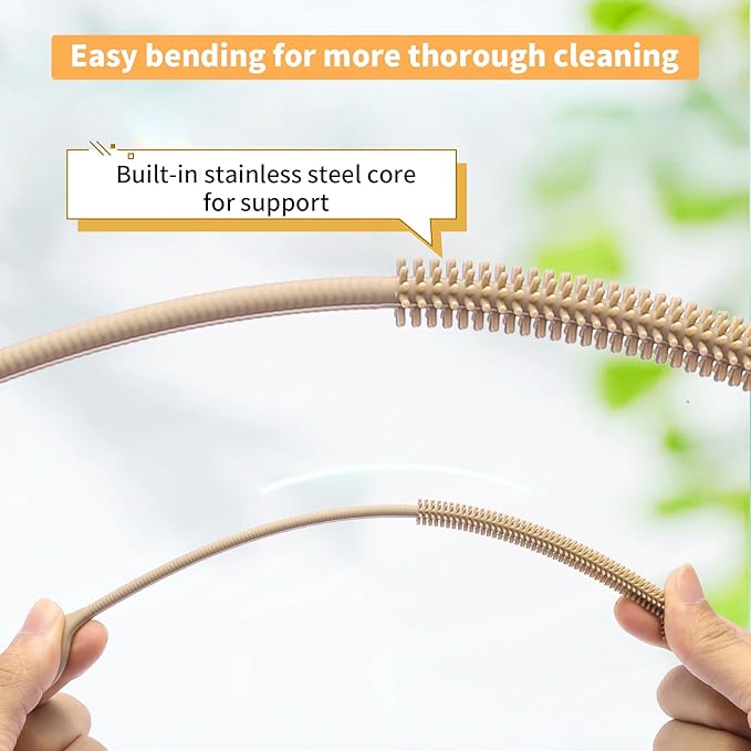Silicone Straw Cleaner Brush, 2Pcs Reusable Straw Brush Extra Long for Cleaning Tumbler with Handle and Glass Metal Smoothie Straws, Non-slip Handle Soft and Bendable, 6mm+9mm (Brown)